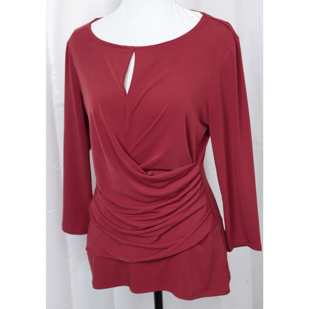 7th Avenue NY & Co Blouse Drape Ruched Keyhole Women M Stretchy Red Feminine